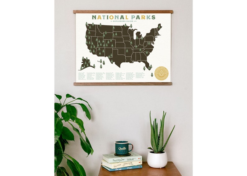 National Parks Map print with Tree Stickers and frame to keep track of your travels image 2