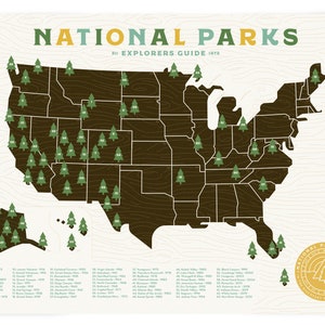 National Parks Map print with Tree Stickers and frame to keep track of your travels image 4