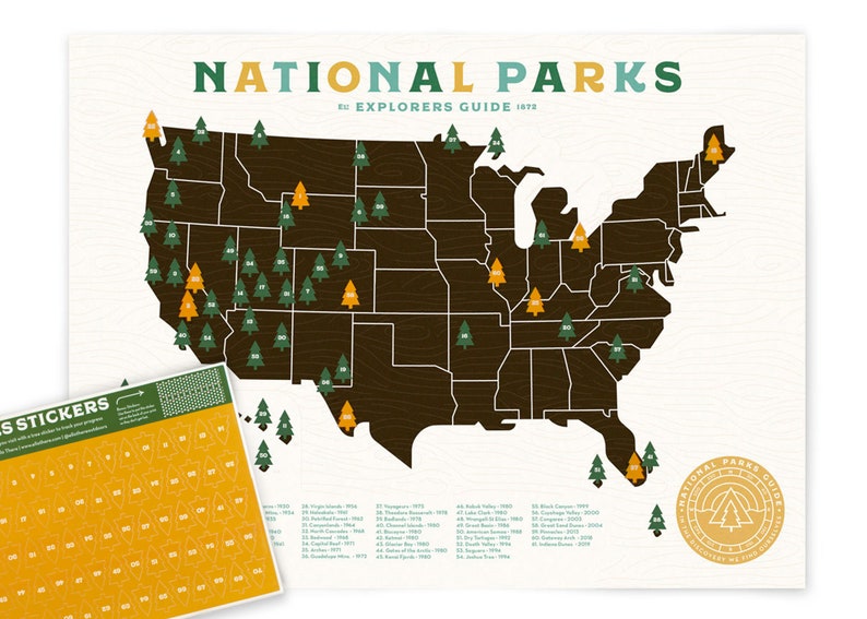 National Parks Map print with Tree Stickers and frame to keep track of your travels image 3