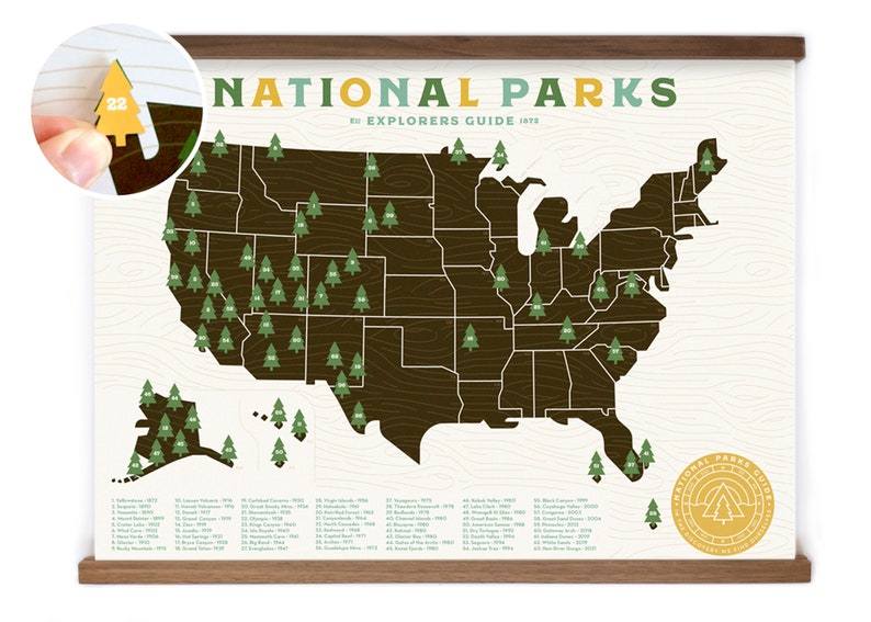 National Parks Map print with Tree Stickers and frame to keep track of your travels 