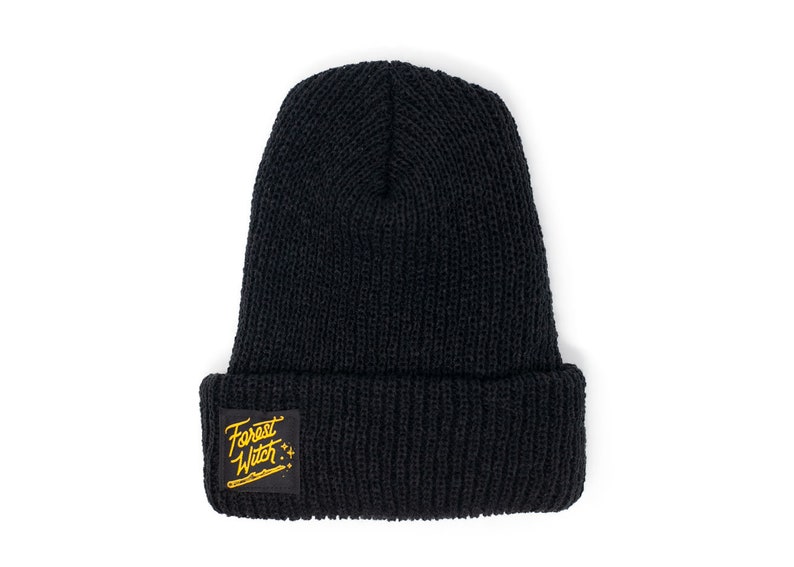 Mustard Yellow Forest Witch Knit Beanie Black