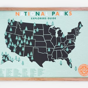 National Parks Checklist Map Print - 18x24 Limited Run Neon and Mint Screenprint