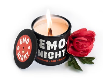 Emo Night Handpoured Soy Candle with Playlist & Vinyl Magnet - Music lover's Gift - Rose - Goth Core