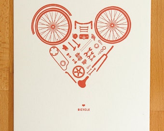 Disassembled Bicycle Heart Print - 8x10 White and Red print