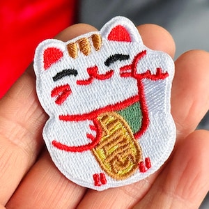 Lucky Cat Iron on Patch 1.7" Embroidered Lucky Cat Applique Fortune Cat Patch Fortune Cat Badge