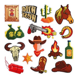 Peut inclure: Un ensemble de 12 patchs thermocollants sur le thème du Far West. Les patchs comprennent un chapeau de cowboy, un crâne, une arme à feu, un cactus, un fer à cheval, une bouteille de whisky, un feu de camp, une affiche de recherche, une paire de sacs d'argent, une paire de bâtons de dynamite, une botte de cowboy et un chapeau de cowboy.