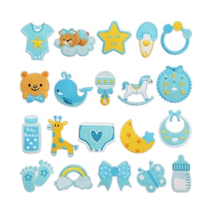 May include: A collection of embroidered baby-themed patches in various shapes and designs. Includes a baby onesie, a sleeping bear on a cloud, a star, a rattle, a teddy bear, a whale, a rocking horse, a bib, baby powder, a giraffe, a diaper, a moon, footprints, a rainbow, a bow, a butterfly, and a baby bottle.