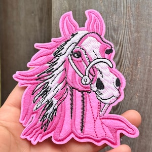 Large Pink Horse Iron on Patch 4.2” Embroidered Horse Patch Pink Horse Applique Cow Girl Patch Pony Patch Pony Iron on