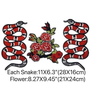 May include: Embroidered patches with a red and black snake design, and a cluster of red roses with green leaves. The snake patches measure 28 x 16cm, and the flower patch is 21 x 24cm. The image includes text indicating the measurements.