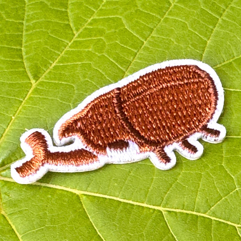 May include: A brown embroidered beetle patch with a white border, set against a green leaf. The patch features detailed stitching, depicting the insect's form. A decorative item.