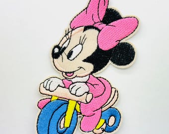 Minnie Mouse Iron on Patch 4.5" Embroidery Minnie Mouse Riding Bicycle Patch Minnie Mouse Applique