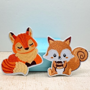 Fox Iron on Patch 2.6" Full Embroidered Fox Patch Squirrel Iron on Patch Squirrel Patch Fox Applique Squirrel Applique