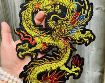 Toppa ricamata con drago grande, da 9 pollici, con stemma a forma di drago, applicazione con drago dorato.