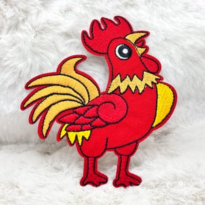 Parche termoadhesivo de gallo de 11,2 cm (4,4") bordado en rojo. Aplique de gallo.