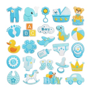 May include: A collection of blue and yellow baby-themed patches. Designs include a onesie, elephant, rattle, baby carriage, teddy bear, ABC blocks, cloud with "Boy" text, dinosaur, beach ball, duck, flower, airplane, bottle, diaper, pacifier, crown, car, bib, rocking horse, and socks.