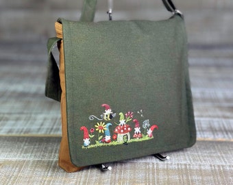 Messenger Bag Crossbody Bag Olive Green Caramel Embroidered Toadstool Bag Gnomes Vertical Laptop Bag Mushroom Purse Messenger Crossby Bag