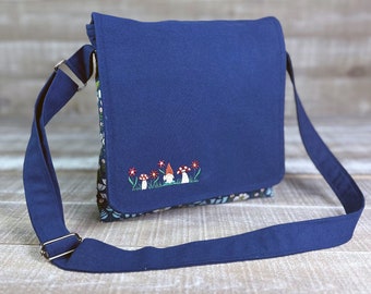 Messenger Bag Crossbody Bag  Vertical Laptop Bag Satchel Mushroom Purse Toadstool Bag Navy Blue Embroidered Gnome Toadstools Mushrooms