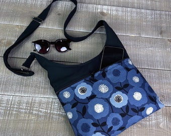 Crossbody Purse Messenger Bag Woman Indigo Blue Black Flower Purse Canvas Purse Organic Purse Messenger Bag School Flower Purse