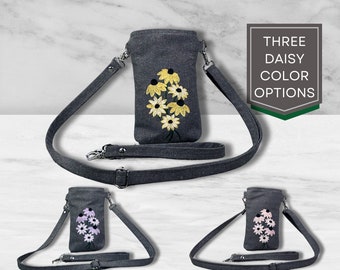 Small Gray Canvas Crossbody Purse and Wristlet | Wallet with Floral Daisy Bouquet | Spring Phone Zip Pouch | Cottagecore Eco Bag | Tech Bag