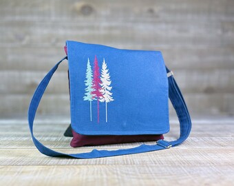 Woodland Messenger Bag Vertical Laptop Bag Satchel Crossbody Purse Indigo Plum Canvas  Embroidered Pine Tree Trio Eco Tech Bag