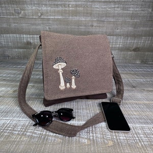 Toadstool Handmade Messenger Bag Vertical Laptop Bag Satchel Crossbody Purse Brown Canvas Embroidered Mushrooms image 1