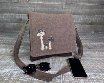 Toadstool Handmade Messenger Bag Vertical Laptop Bag Satchel Crossbody Purse Brown Canvas  Embroidered Mushrooms