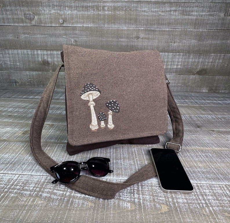 Toadstool Handmade Messenger Bag Vertical Laptop Bag Satchel Crossbody Purse Brown Canvas Embroidered Mushrooms image 1