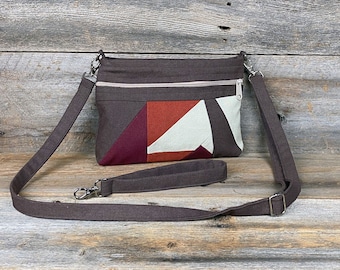 Handmade Sling Crossbody Purse and Wristlet - Brown with Rust, Wine, and Tan Mosaic