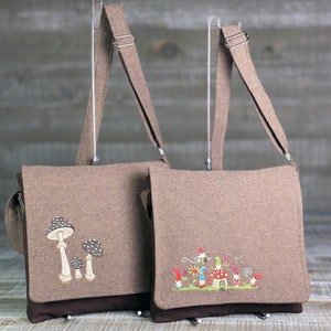 Toadstool Handmade Messenger Bag Vertical Laptop Bag Satchel Crossbody Purse Brown Canvas Embroidered Mushrooms image 4