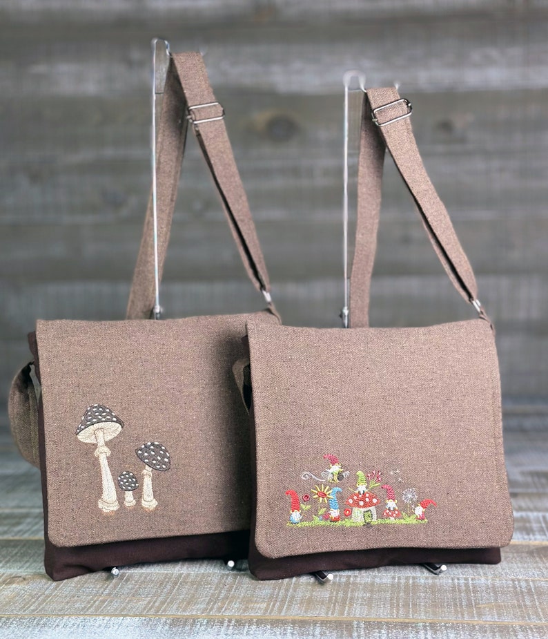 Toadstool Handmade Messenger Bag Vertical Laptop Bag Satchel Crossbody Purse Brown Canvas Embroidered Mushrooms image 4