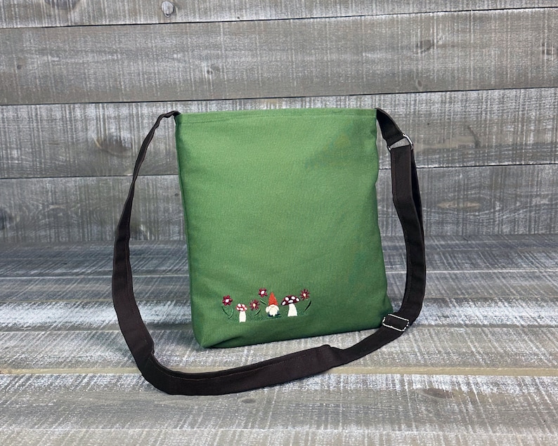 Small Gnome and Toadstool Crossbody Purse Mushroom Handmade Sling Bag Cottage Core Satchel Purse Personalized Gift for Woman Eco Bag Fern and Nutmeg