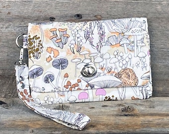 Mushroom Mini Clutch Wallet Wristlet Phone Bag Organic Forest Floor