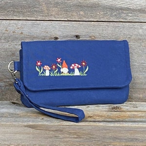 Navy Blue Embroidered Gnome and Mushroom Wallet Zippered Cell Phone Purse Coin Purse Wristlet image 1