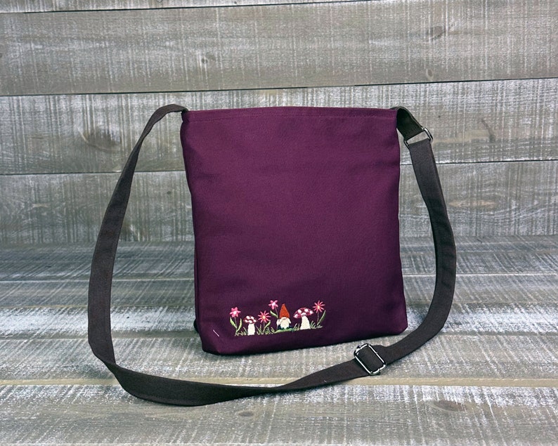 Small Gnome and Toadstool Crossbody Purse Mushroom Handmade Sling Bag Cottage Core Satchel Purse Personalized Gift for Woman Eco Bag Plum and Nutmeg