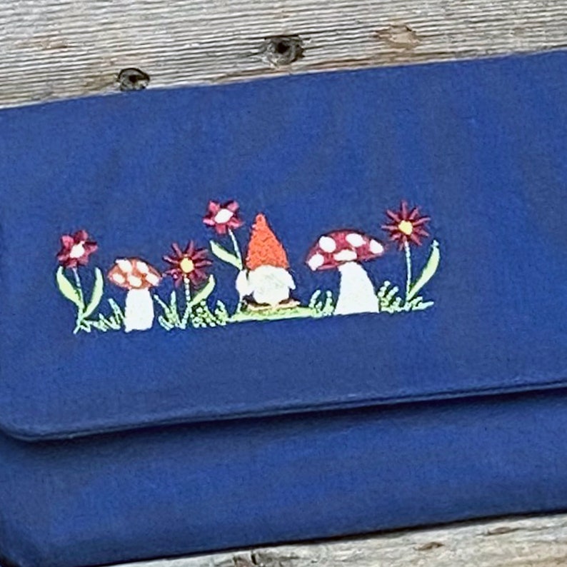 Navy Blue Embroidered Gnome and Mushroom Wallet Zippered Cell Phone Purse Coin Purse Wristlet image 3