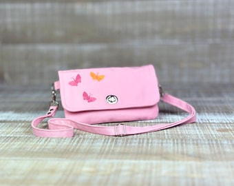 Pink Embroidered Butterfly Crossbody Purse Fanny Pack Phone Zip Pouch Notions Pouch Eco Bag Tech Bag Organic