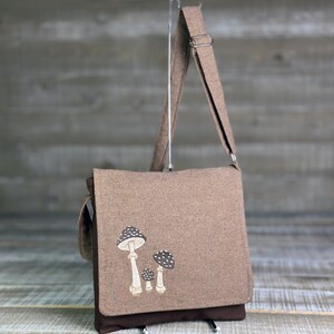 Toadstool Handmade Messenger Bag Vertical Laptop Bag Satchel Crossbody Purse Brown Canvas Embroidered Mushrooms image 3