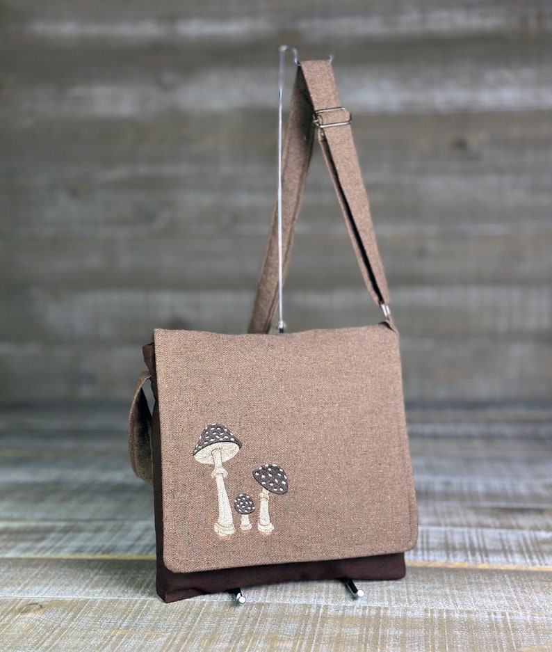 Toadstool Handmade Messenger Bag Vertical Laptop Bag Satchel Crossbody Purse Brown Canvas Embroidered Mushrooms image 3