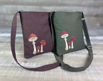 Small Mushroom Crossbody Purse | Toadstool Bag Cottagecore Embroidered Satchel Sling Purse | Personalized Gift for Mushroom Lover | Eco Bag