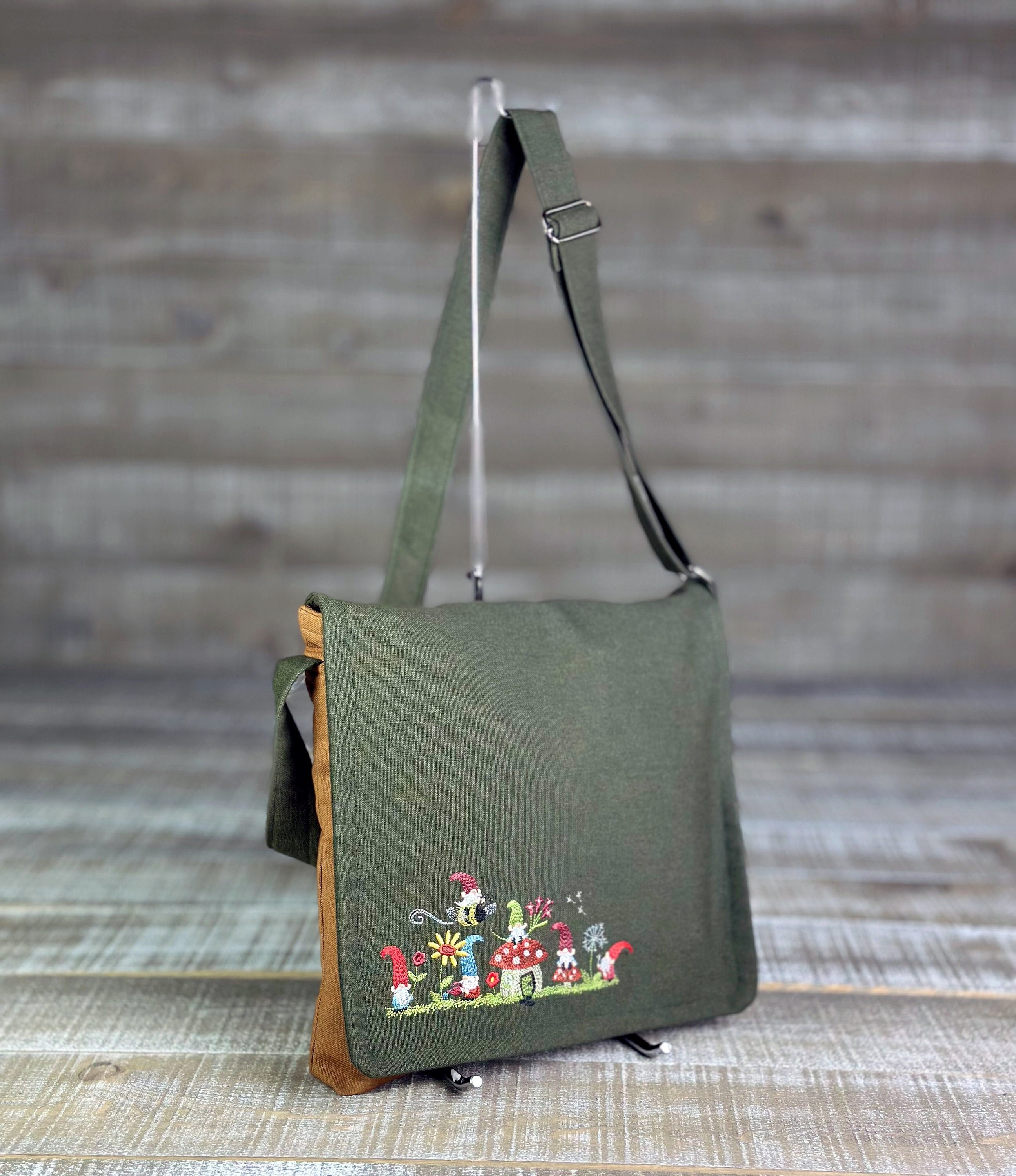Messenger Bag Crossbody Bag Olive Green Caramel Embroidered Toadstool Bag Gnomes Vertical Laptop Bag Mushroom Purse Messenger Crossby Bag Etsy