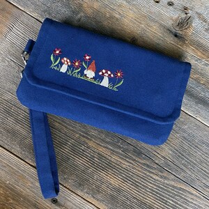 Navy Blue Embroidered Gnome and Mushroom Wallet Zippered Cell Phone Purse Coin Purse Wristlet image 10