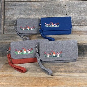 Navy Blue Embroidered Gnome and Mushroom Wallet Zippered Cell Phone Purse Coin Purse Wristlet image 4