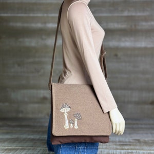 Toadstool Handmade Messenger Bag Vertical Laptop Bag Satchel Crossbody Purse Brown Canvas Embroidered Mushrooms image 5