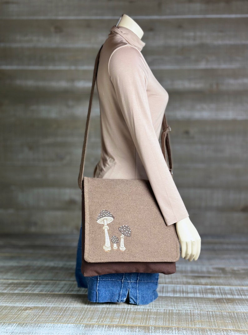 Toadstool Handmade Messenger Bag Vertical Laptop Bag Satchel Crossbody Purse Brown Canvas Embroidered Mushrooms image 5