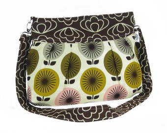 Organic Handmade Sophisticate Cross Body Purse - Brown Blossom with Retro Flowers - Free Shipping