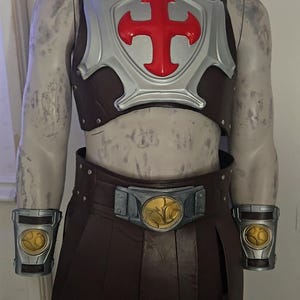 May include: A dark brown chest plate with a silver-toned breastplate featuring a prominent red cross emblem. The set includes a matching dark brown skirt with a silver-toned belt buckle and two silver-toned wrist guards with gold circular accents.