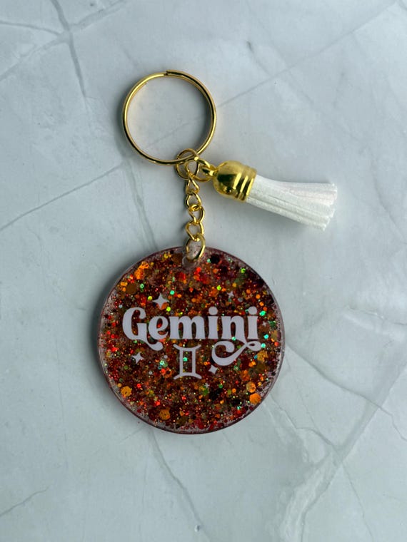 Gemini Zodiac Keychain – Resin Glitter Keyring With White Tassel