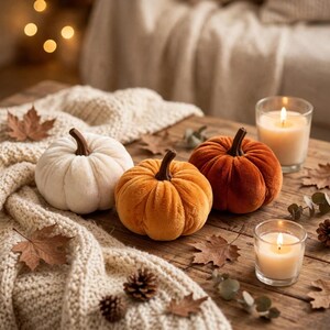 May include: Three plush pumpkins in cream, orange, and rust colours with brown stems, arranged on a wooden surface alongside two glass votive candles, scattered dried maple leaves, and small pinecones, draped with a thick cream knit blanket.