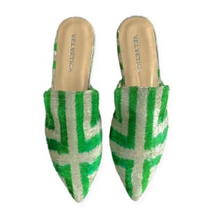 May include: A pair of green and white striped velvet pointed toe mules with the brand name "VELVETICA" printed on the inside of each shoe.