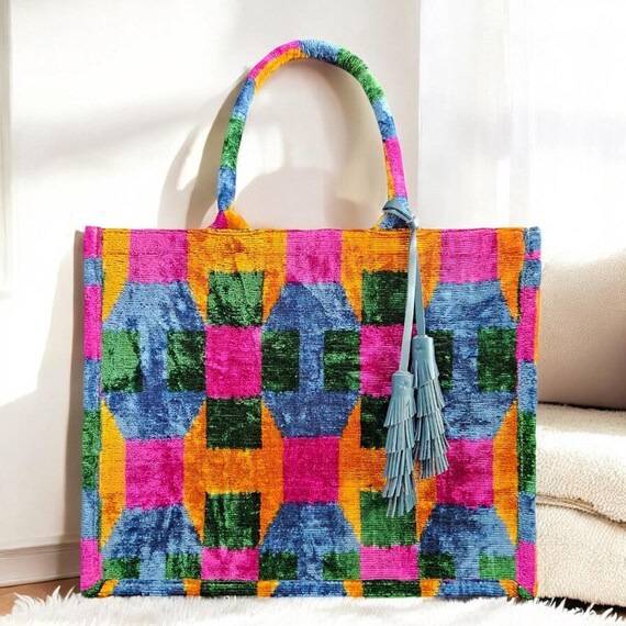 Borsa tote etnica in seta Velvetica con nappa in pelle, borsa tote